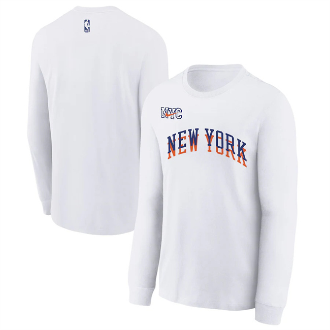 Men's New York Knicks White 2024/25 City Edition Essential Logo Long Sleeve T-Shirt